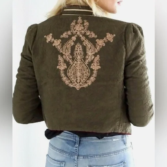 Free People Lauren Band Jacket Military Embroidered Gold Open Front - Picture 3 of 9